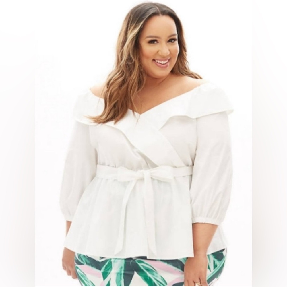 Lane Bryant White Long Sleeve Off-The-Shoulder Blouse